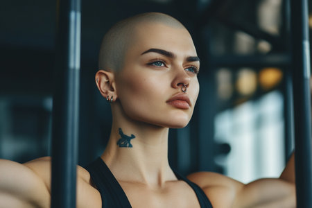 Confident stylish bald woman with a piercing trains in a modern gym, showing strength and individualityの素材