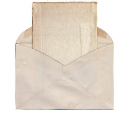Vintage paper postcard old background with envelope isolated on white backgroundの写真素材