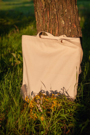 White canvas tote bag mockup template with long handles and wild flowers near tree outdoor in sunlight. Surface to place your designの写真素材