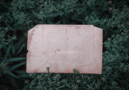 Vintage empty paper lies on green leaves of a plant, creating a rustic and natural background. The weathered sheet blends with botanical foliage, offering an eco-friendly textureの写真素材