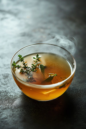 Steaming beef broth in a transparent glass bowl with floating herbs for a fresh and savory culinary vibeの素材