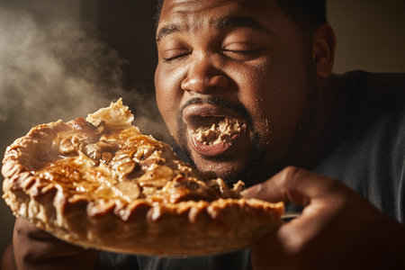 Black man eats meat and mushrooms pie with appetite and passionの素材