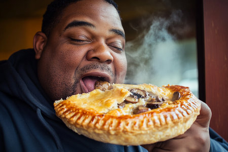 Black man eats meat and mushrooms pie with appetite and passionの素材