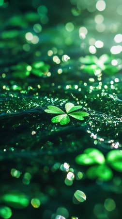 Lush green clovers shine in a vibrant, glowing festive background, perfect for St. Patrick Dayの素材