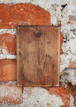 Old wooden blank signboard on the old aged cement brick wall background