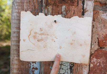 Old vintage paper advertisement hanging on aged wall nailed by rusty doornail with human finger pointing on itの写真素材