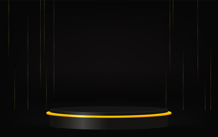 Dark vector background with black empty podium and golden dust and shining linesのイラスト素材