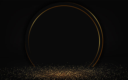 Dark vector background with black empty podium, golden dust and shining circle archのイラスト素材