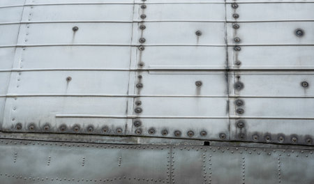 Metal aircraft surface texture of vintage aviation design with aged rivets and industrial patternの写真素材