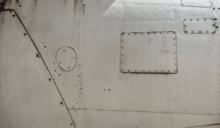 Metal aircraft surface texture of vintage aviation design with aged rivets and industrial patternの写真素材