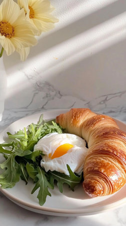 Flaky croissant filled with poached egg and fresh green arugula creates a perfect gourmet breakfastの素材