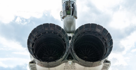 Powerful twin jet engine with intricate metallic turbine details
