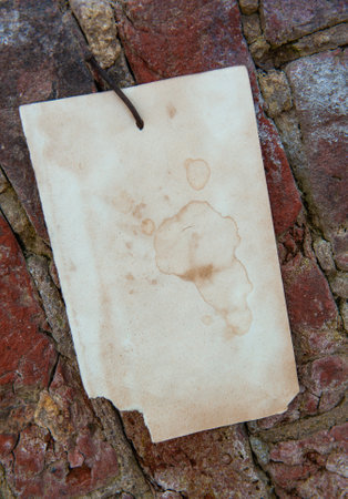 Old vintage paper hanging on aged red brick wall nailed by rusty doornailの写真素材