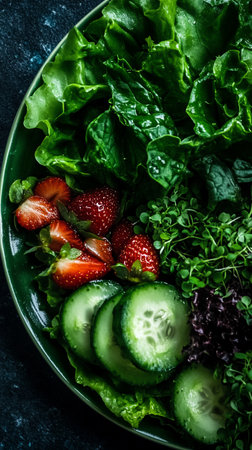 Vibrant summer salad features sliced cucumber, juicy strawberry and fresh microgreensの素材