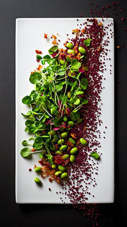 Fresh microgreens salad with crispy edamame and sesame oil dressing, vegan cuisine conceptの素材
