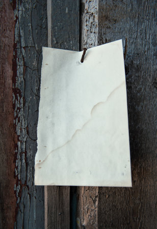 Old vintage paper hanging on aged wall nailed by rusty doornailの写真素材