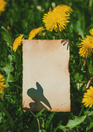 Vintage empty paper lies on green leaves of a plant with dandelion flower, creating a rustic and natural background. The weathered sheet blends with botanical foliage, offering an eco-friendly textureの写真素材