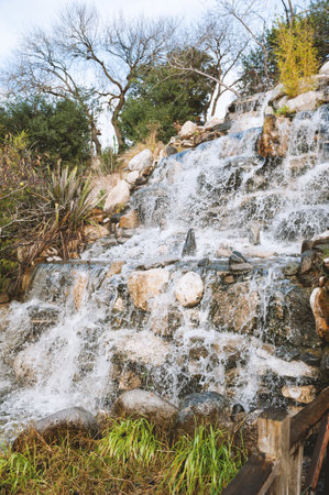 Stone waterfall cascades through lush tropical plants in a peaceful gardenの写真素材