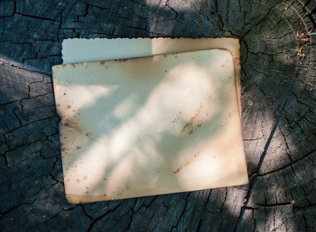 Two vintage empty papers lies on the old wooden texture backgroundの写真素材