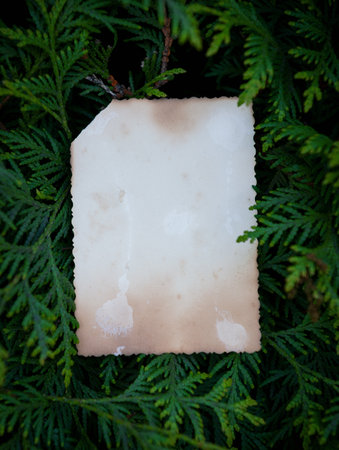 Vintage empty paper lies on green leaves of a plant, creating a rustic and natural background. The...