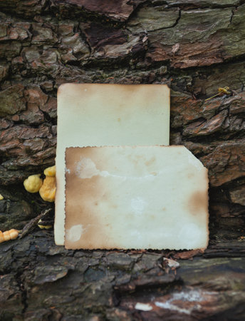 Two vintage empty papers lies on the old wooden texture backgroundの写真素材