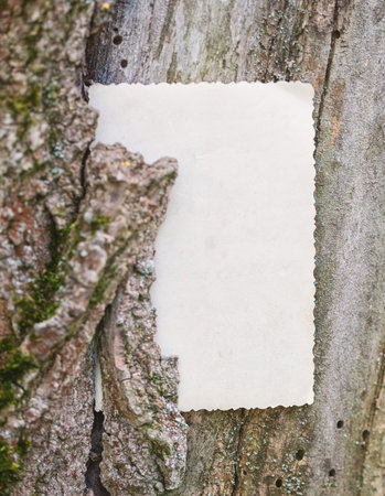 Vintage empty paper lies on the old wooden texture of tree backgroundの写真素材