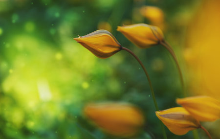 Yellow tulips bend gently in a green spring meadow under soft sunlightの写真素材