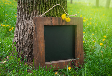 Rustic wooden empty chalkboard leans on tree in green grass and dandelion flowers offers empty copyspaceの写真素材