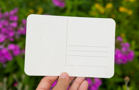 Hand of woman holds the empty white paper postcard against green leaves and flowers natural backgroundの写真素材