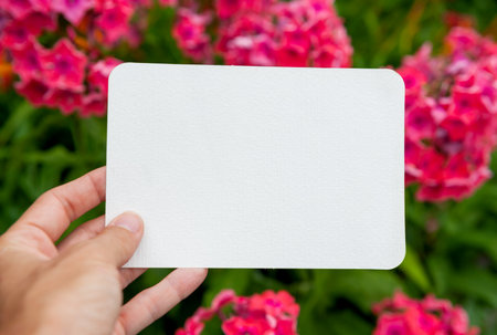 Hand of woman holds the empty white paper against green leaves and flowers natural backgroundの写真素材