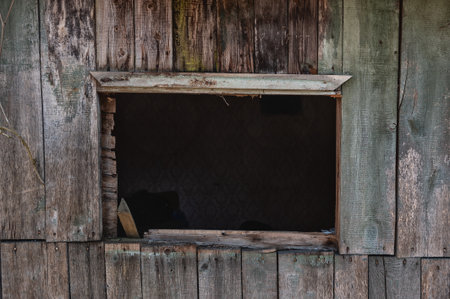Broken weathered wooden window reveals dark interior of abandoned cabin