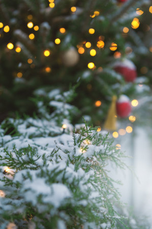Festive pine tree decoration captured with a cozy, bokeh-filled background. Christmas background