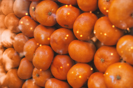 Fresh oranges create vibrant citrus background with festive glow and warm lightの写真素材