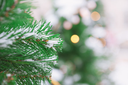 Snow-covered branches of a Christmas tree glow with festive lights outdoors, creating a magical winter sceneの写真素材