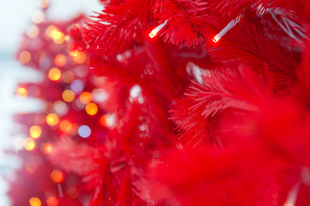 Red Christmas branches glow with warm festive lights and soft bokeh
