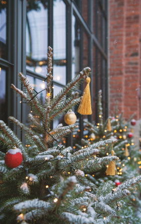 Snow covered Christmas trees with red and gold baubles glow against brick wallsの写真素材