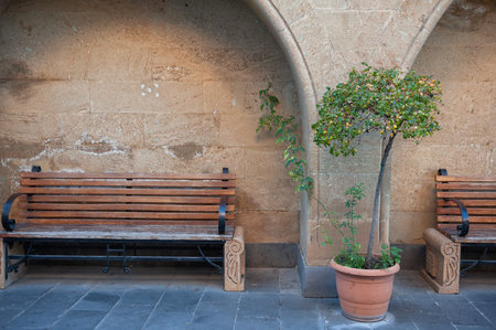 Stone courtyard with arched wall features wooden bench beside potted treeの写真素材