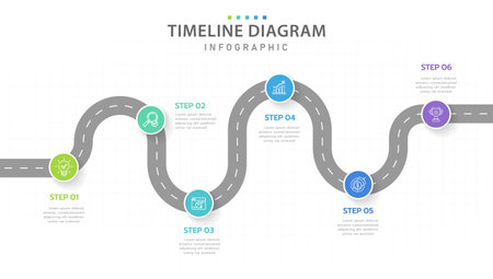 Infographic template for business. 6 Steps Modern Timeline diagram with road journey concept, presentation vector infographic.のイラスト素材