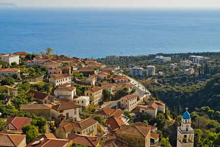 The picturesque greek style village of Dhermi at the coastal road of Albaniaの写真素材