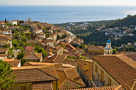 The picturesque greek style village of Dhermi at the coastal road of Albaniaの写真素材