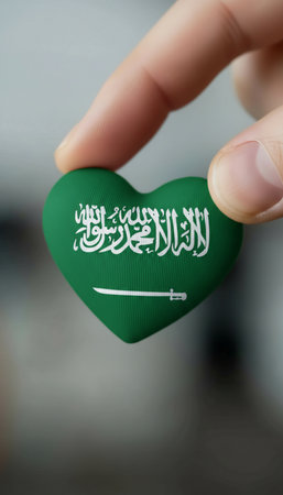 heart with saudi arabia flag in the hand on blurred background