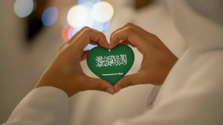 Saudi Arabia flag on heart shape in hands as a symbol of love