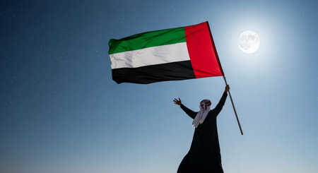 Arabic woman waving United Arab Emirates flag in the moonlight.の写真素材