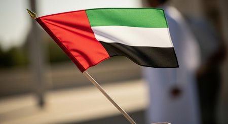 Flag of United Arab Emirates waving in the wind on a sunny dayの写真素材