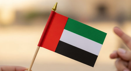 Female hand holding United Arab Emirates flag on blurred background. Closeup.の写真素材