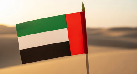 United Arab Emirates flag waving in the wind in the desert. 3d rendering