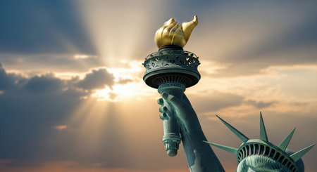 Statue of Liberty at sunset, New York City, USA.の写真素材