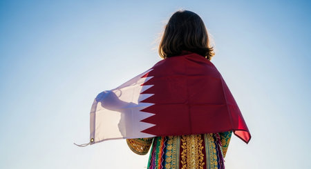 Rear view of young girl with Qatar flag on blue sky backgroundの写真素材