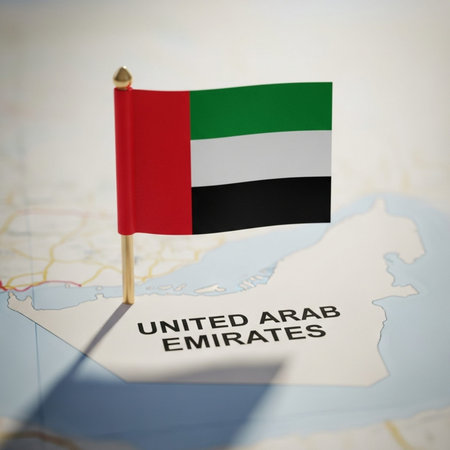 United Arab Emirates flag on map with text United Arab Emirates, 3D renderingの写真素材