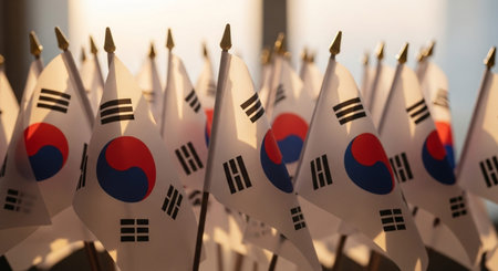Row of small flags of South Korea in a row. Selective focus.